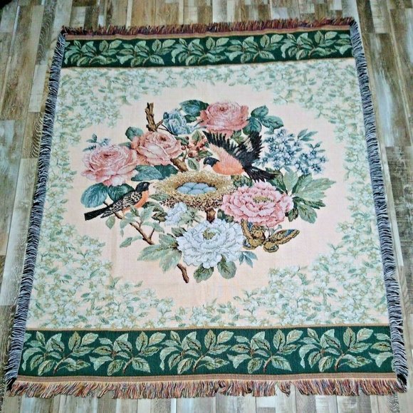 American Weavers Afghan Throw Roses Robins Nest 48 x 60 Flower Garden Cottage - Picture 1 of 5